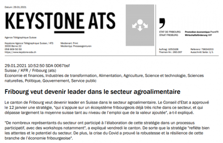 keystone ats : Fribourg veut devenir leader dans le secteur agroalimentaire